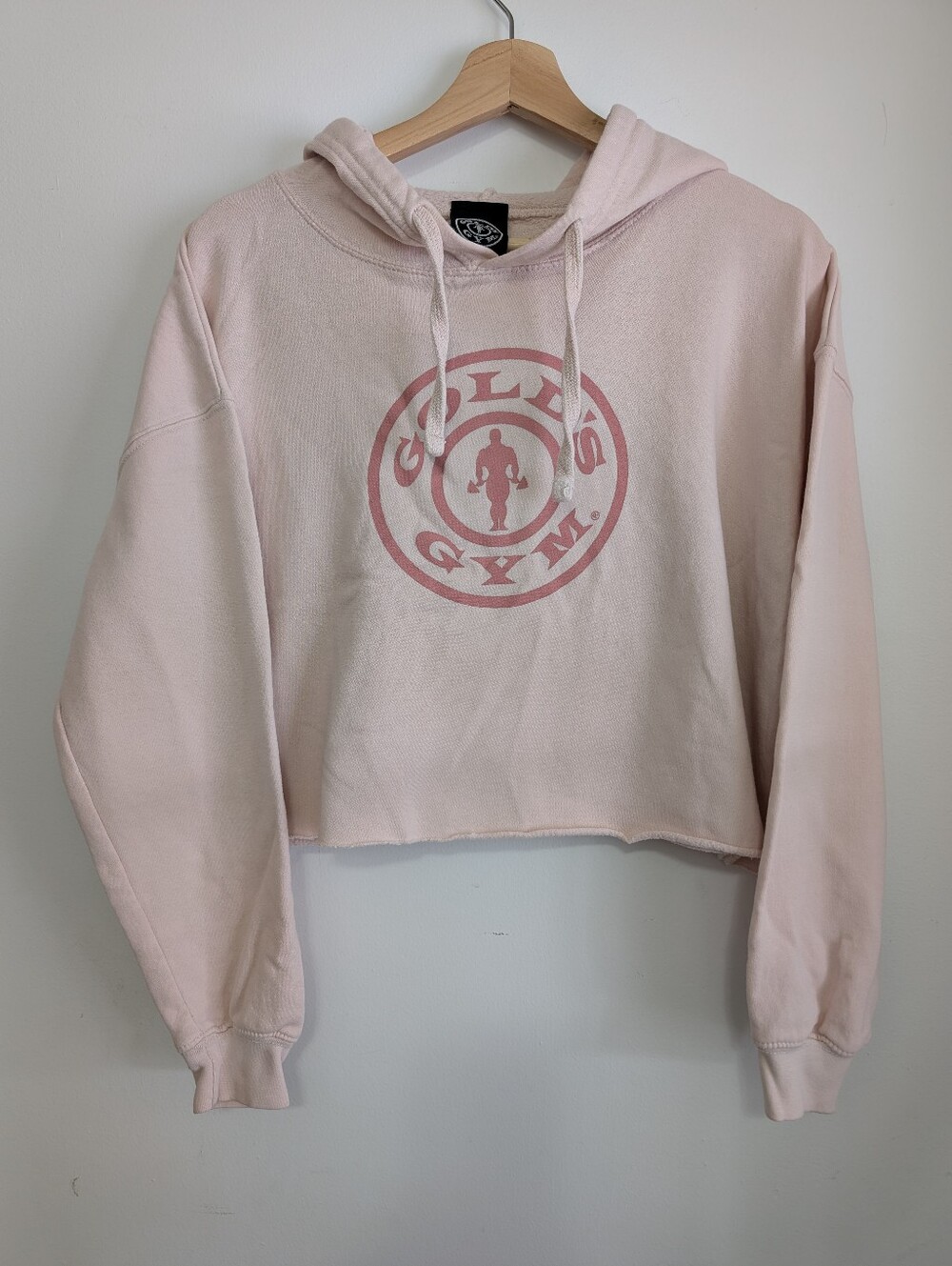 Golds Gym Medium Oversized Hoodie Pastel Pink Baggy Cropped Sweater Raw Hem
